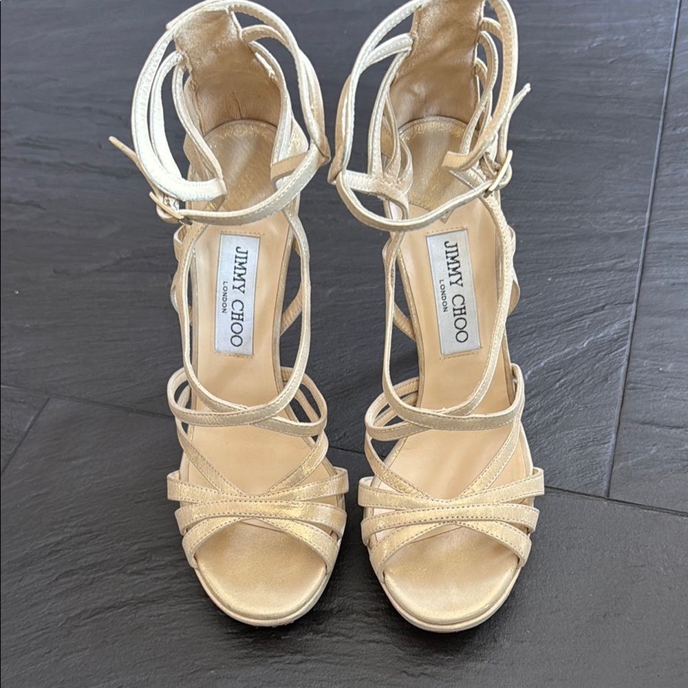Jimmy Choo Gold Stiletto Heels Elegant Strappy Design